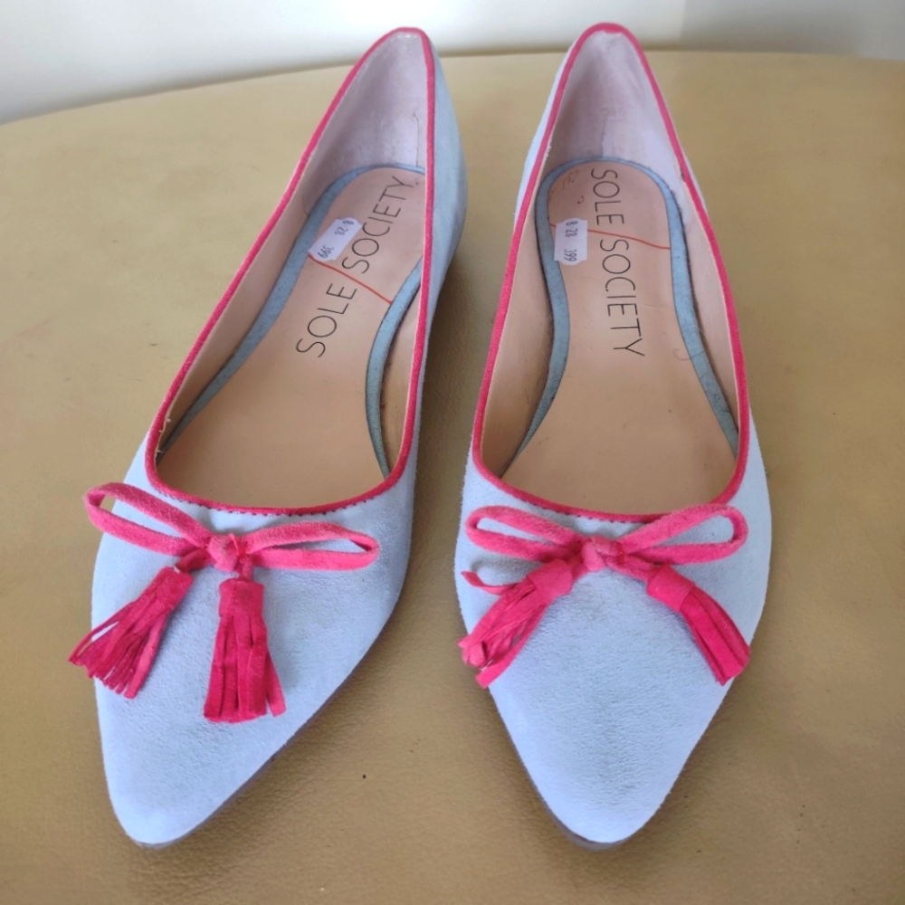 Sole Society blue suede flats with red bows